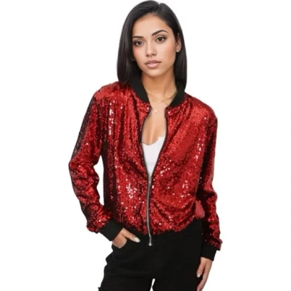 Sparkling Red Sequin Bomber Jacket - Picture 2 of 3